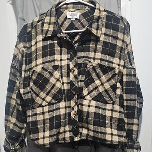 Ci Sono Black and Cream Cropped Plaid Top